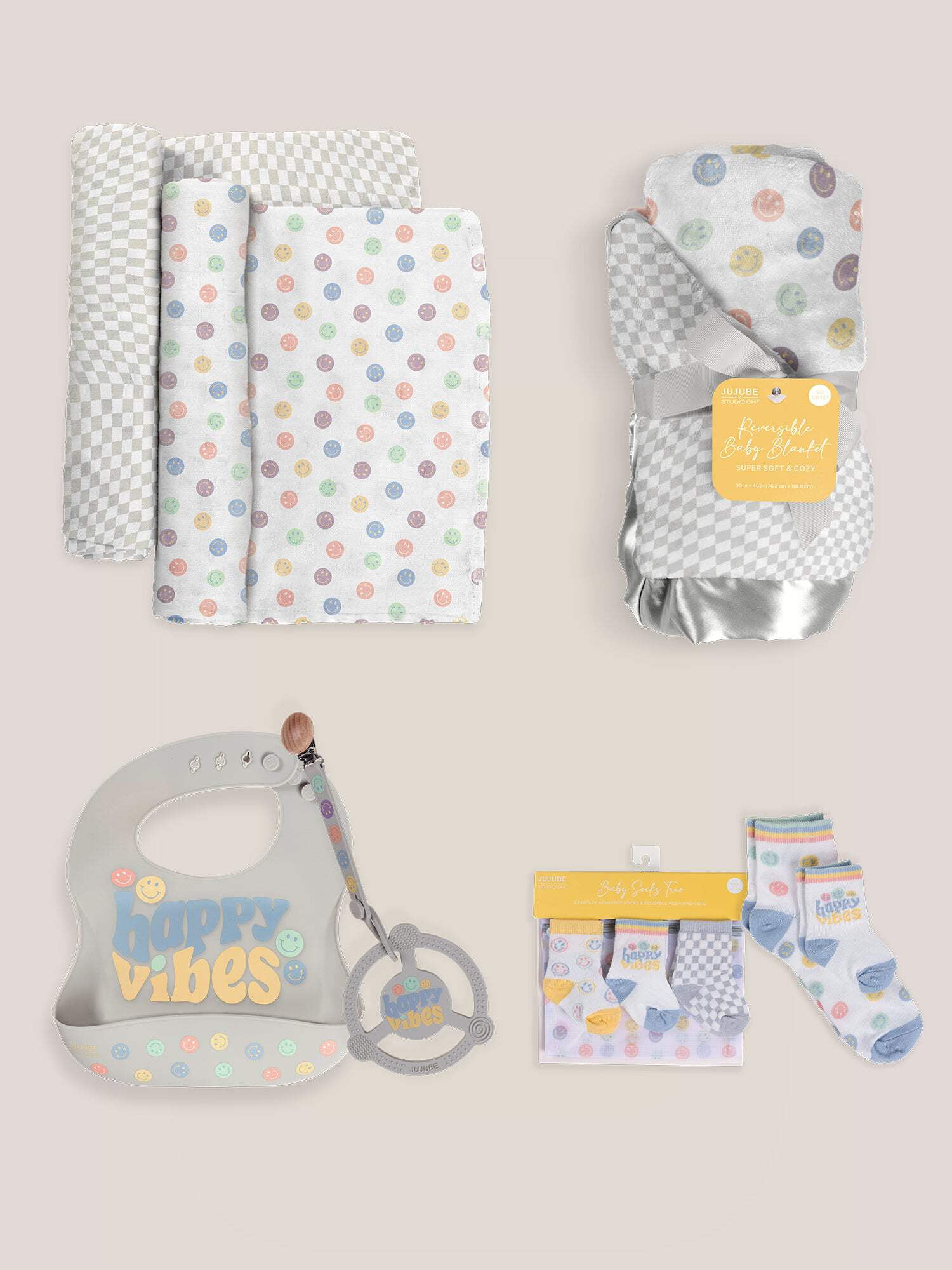 JuJuBe x Studio Oh! Socks, Bib, Teething Ring, Blankets Baby Bundle - Happy Baby Vibes
