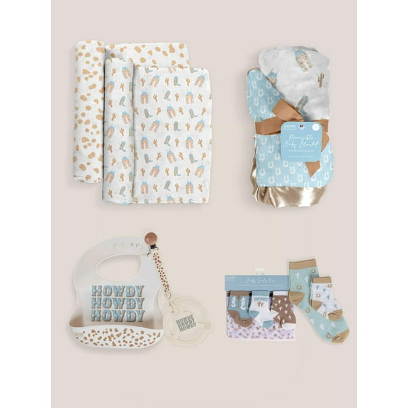 JuJuBe x Studio Oh! Socks, Bib, Teething Ring, Blankets Baby Bundle - Howdy Partner Blue