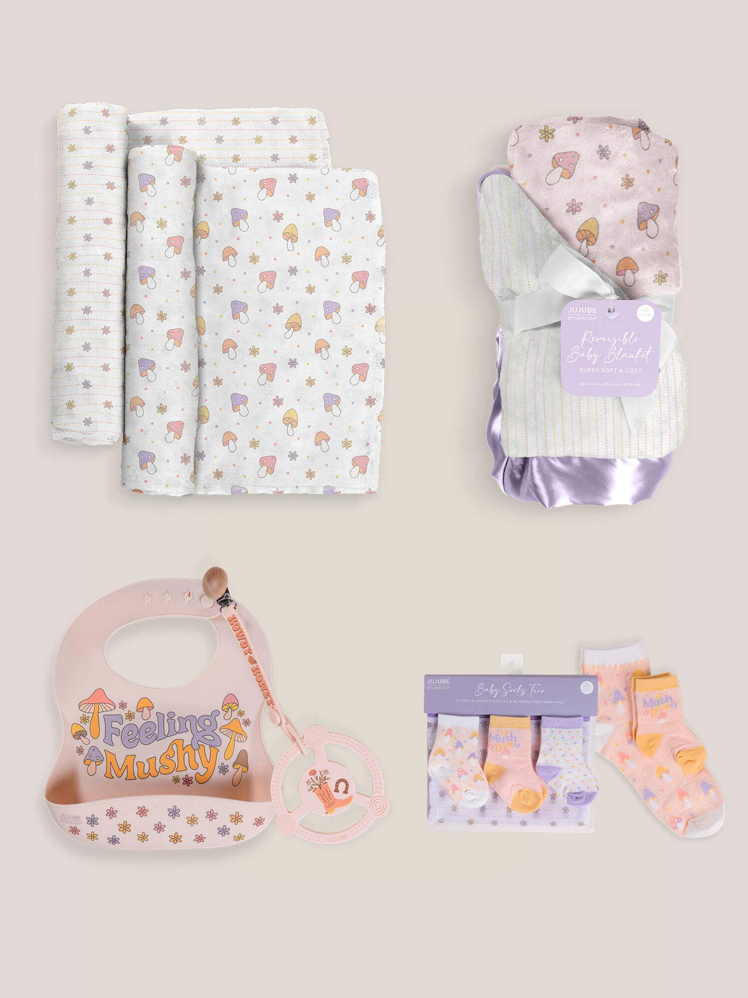 JuJuBe x Studio Oh! Socks, Bib, Teething Ring, Blankets Baby Bundle - Mushy Love