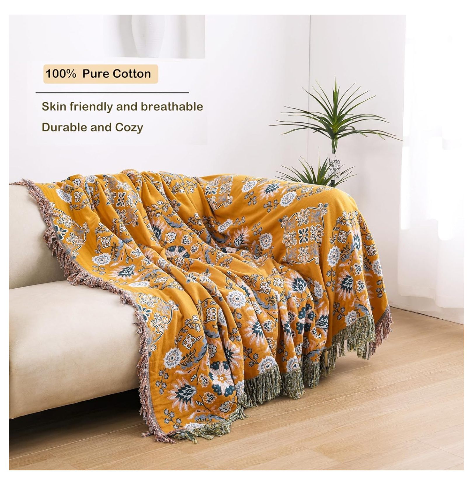 JuRlvC Boho Large Throw Blanket, 100% Organic Cotton Soft Sofa Bed ...