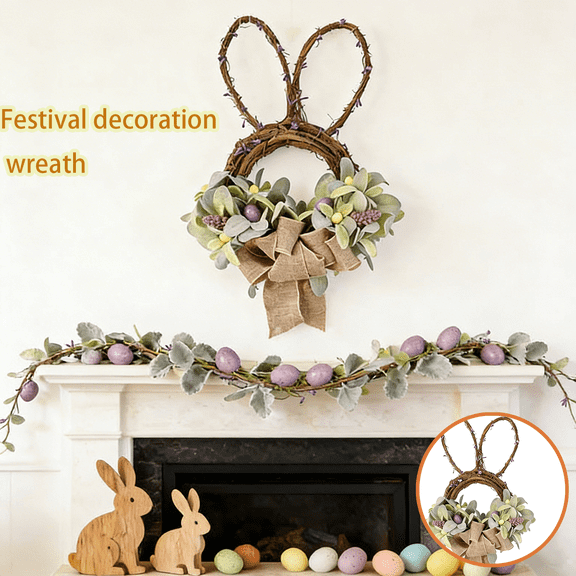 JuWDoC Easter Wreath Decorations Easter Bunny Wreath for Front Door - UV Resistant Realistic Plant, Fake Spring/Summer Greenery Wreath for Wall Window Farmhouse Fireplace Decor 15.74 Inch