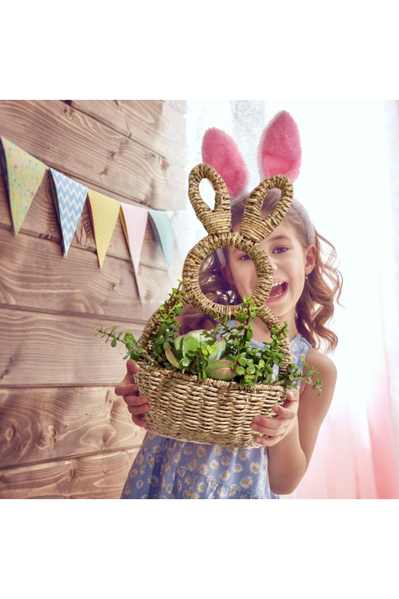 Picnic Basket Bunny Decor Picnic Set Wicker Hamper Handwoven Spring Bunny Wall Basket - Rustic Wicker Hanging Organizer for Doors Indoors/Outdoors, Farmhouse Decor with Jute Rope