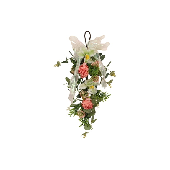 JuWDoC Wreaths Spring Summer Floral Teardrop Swags Lighted Mixed Flower Teardrop Wreath with Burlap and Floral Arrangement for Door Wall Mantel Window 19.68 Inch