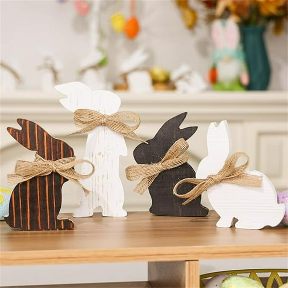 JuWDoc 4 Pcs Easter Bunny Table Wooden Signs Bunny Shaped Farmhouse Decor Spring Rabbit Wood Tabletop Decorations Easter Rabbit Dining Room Table Decor Sign with Rope(Rustic) One Size Inch as show
