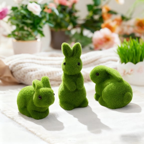 JuWDoc Green Moss Bunny Easter Decor 3Pcs Easter Decorations Artificial Flocked Rabbit Moss Bunny Furry Flocked Animal Ornaments Rabbit Easter Decoration Easter for an Easter Celebration 5.90IN