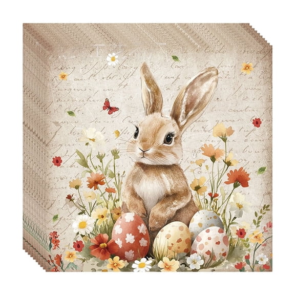 JuWDoc Happy Easter Oval Napkin Disposable Vintage Bunny Rabbit Flower Party Decorations Rabbit Flower Supplies Favor for Spring Holiday Easter Party Tableware Set 6.49 Inch White