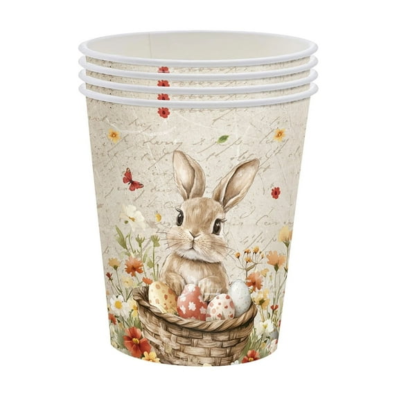 JuWDoc Happy Easter Oval Paper Cup Disposable Vintage Bunny Rabbit Flower Party Decorations Rabbit Flower Supplies Favor for Spring Holiday Easter Party Tableware Set 3.34 Inch White