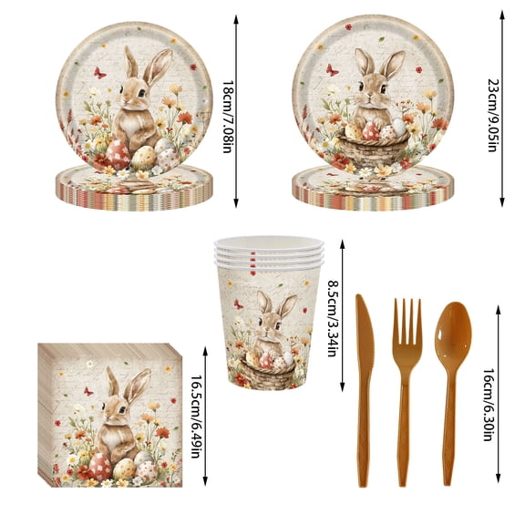 JuWDoc Happy Easter Oval Paper Plates Disposable Vintage Bunny Rabbit Flower Party Decorations Rabbit Flower Supplies Favor for Spring Holiday Easter Party Tableware Set 9.3 Inch White
