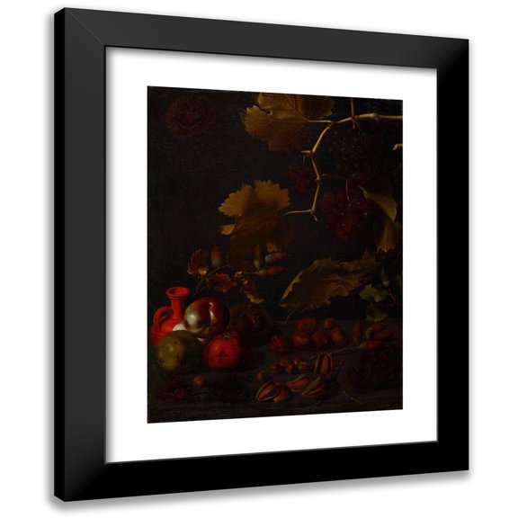 Juan Fernández el Labrador 19x24 Black Modern Framed Museum Art Print Titled - Still Life with Grapes, Apples, Chestnuts, Almonds, Acorns and a Red Clay Bottle (17th Century)