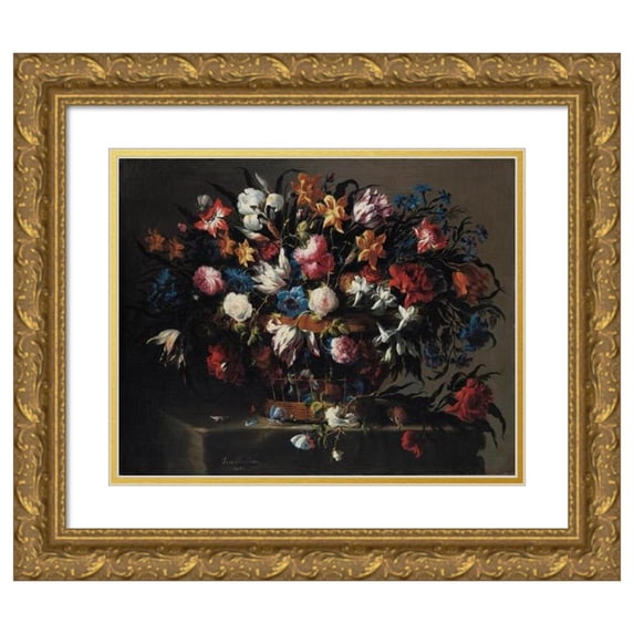 Juan de Arellano 18x15 Gold Ornate Wood Frame and Double Matted Museum Art Print Titled - Small Basket of Flowers (1671)
