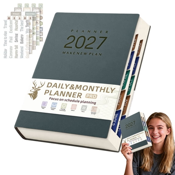 Juaoua 2027 Weekly and Monthly Planner Calendar,Hardcover Leather Cover Annual Plan Notebooks for Daily Writing,Time Management Notebook With Free Planning Stickers,Teacher Essentials