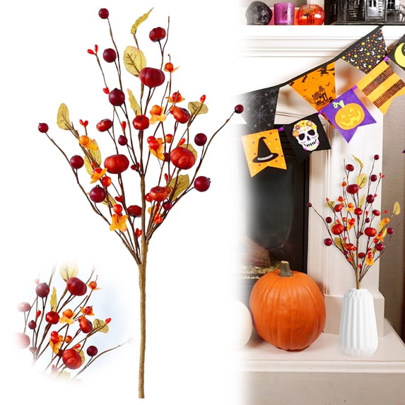 Juaoua Artificial Pumpkin Berry Branches,Floral with Berry Fall Picks,Artificial Pumpkin Berry Maple Leaf Floral Stems Branches Decorations for Autumn Thanksgiving Home Table Centerpiece
