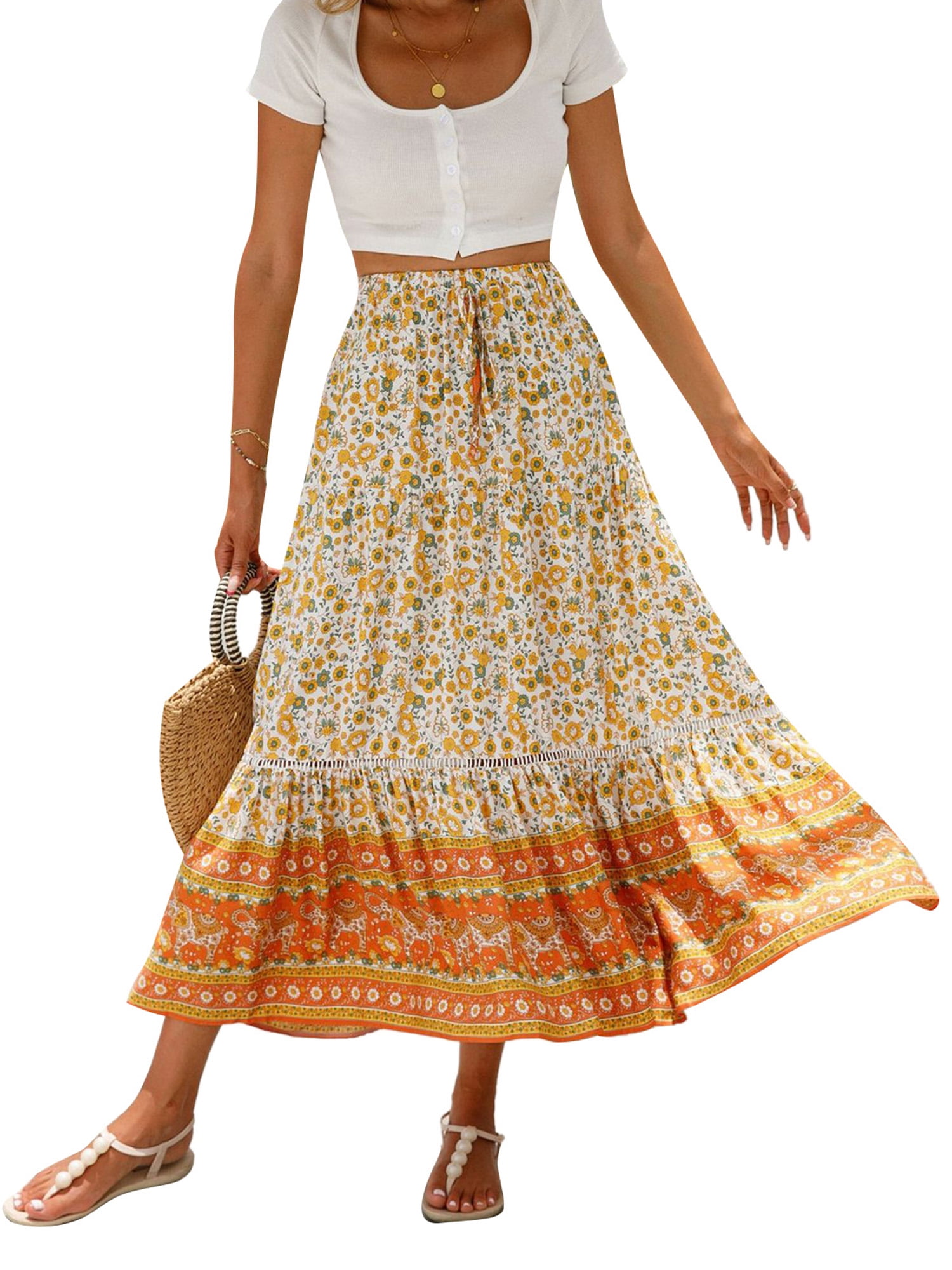 Juaugusep Women Casual Boho Long Skirt Vintage Floral Print Boho Half ...
