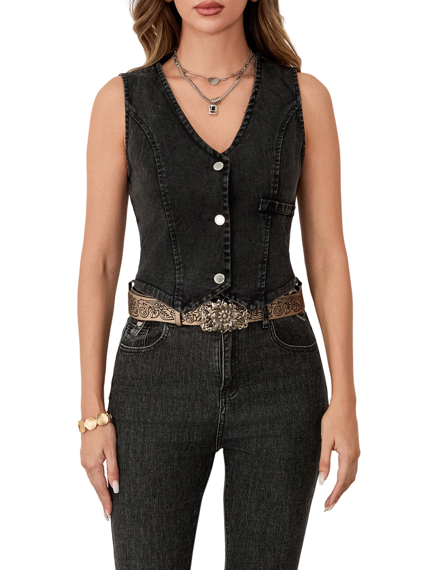 Denim Vest Women V-neck Denim Vest: Women's Retro Sleeveless Jacket - UK  Jean Vest, image size:1500x2000