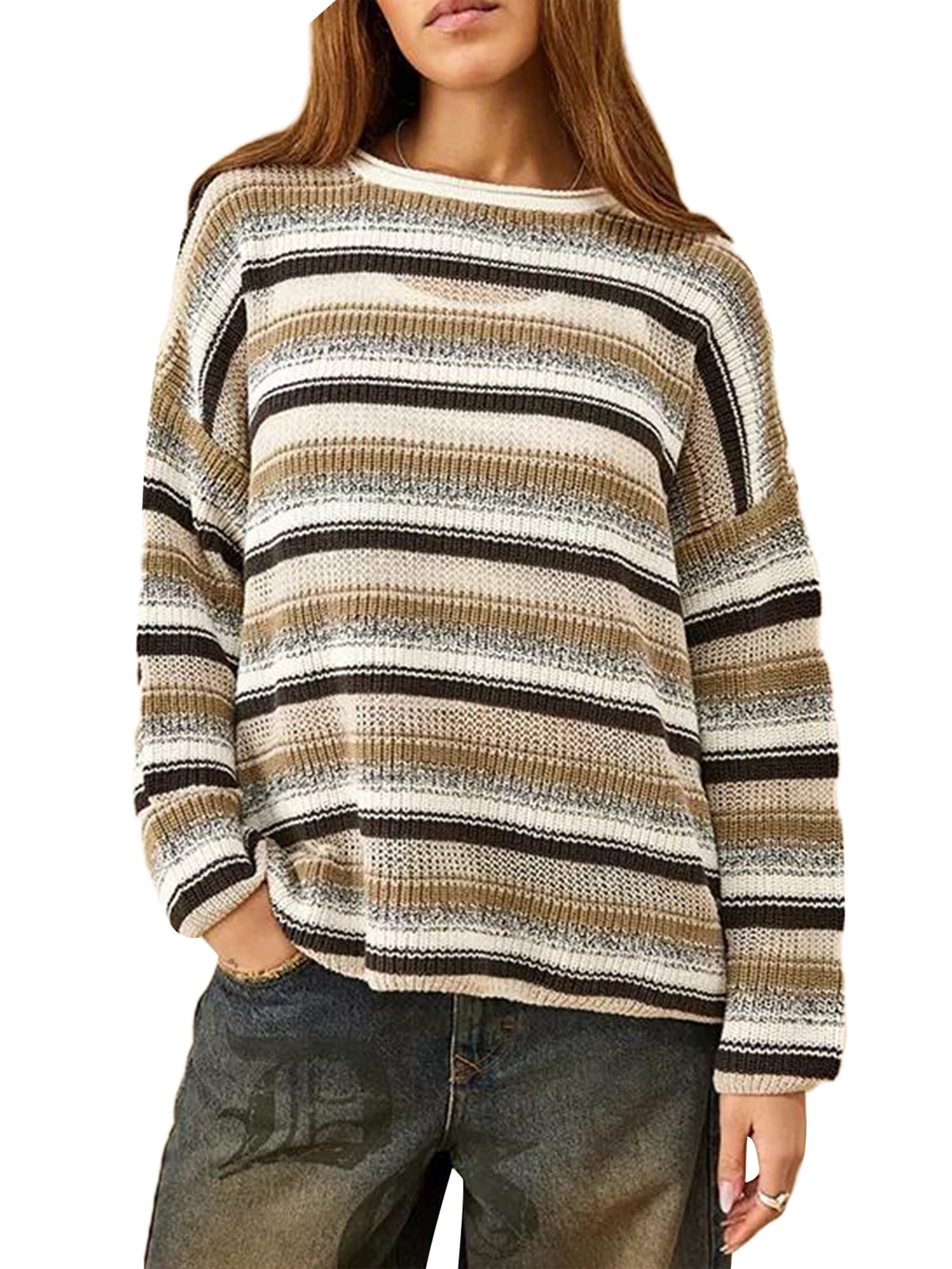 Allegra K Women's Striped Color Block Sweater - Casual Knit Pullover Crewneck With Drop Shoulder - View #3