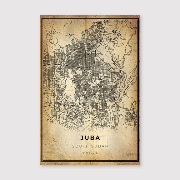 Juba South Sudan Map Art Print: Vintage Cityscapefor Living Room Bedroom Office Farmhouse Neutral Home Artwork Ready to Hang 8x12 inch