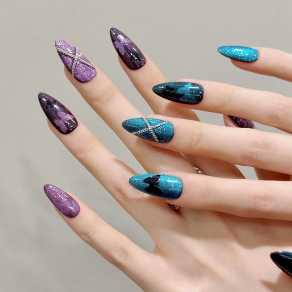 Jubilee Purple Blue Press On Nails for Women Almond Medium Short Handmade Acrylic with Celebratory Charm