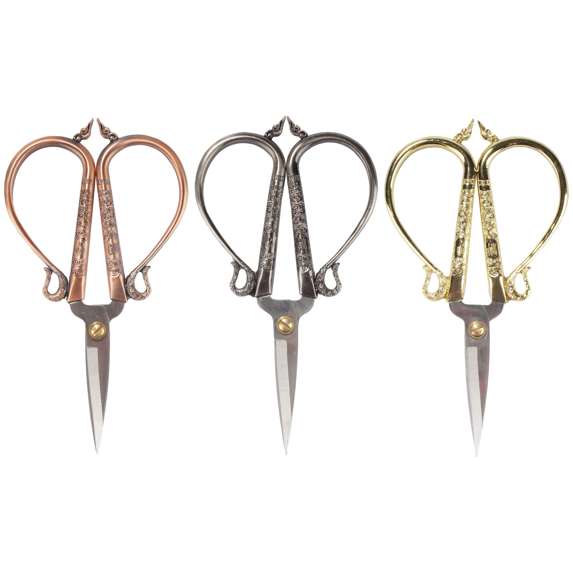 JubileeYarn Antique Style Heirloom Craft Embroidery Scissors w/Decorative Cast Handles Classic Chinese Look 3 Piece Set - Copper, Gunmetal Grey, Gold