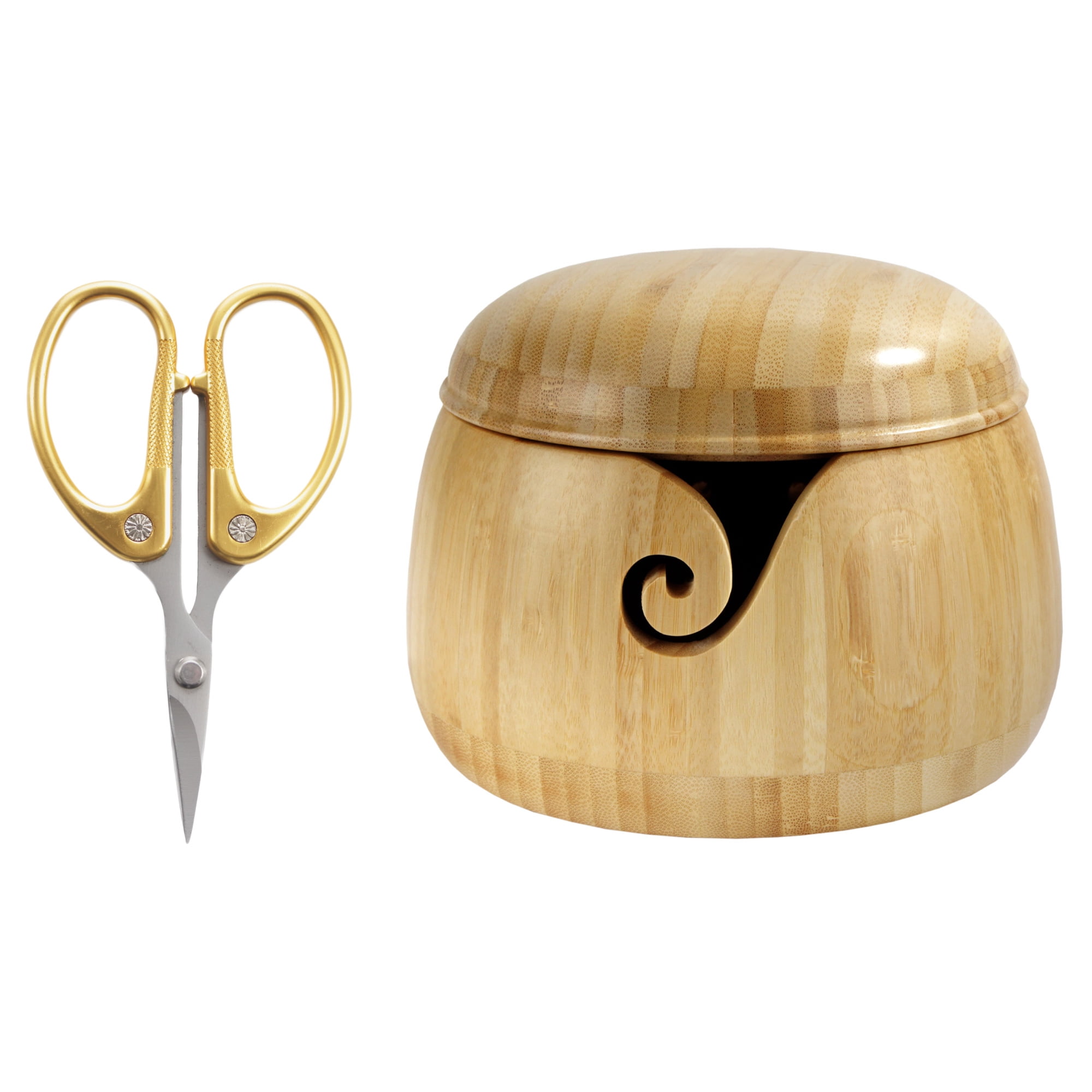 JubileeYarn Bamboo Yarn Bowl with Removable Lid + Embroidery Scissors Combo - Natural Bowl