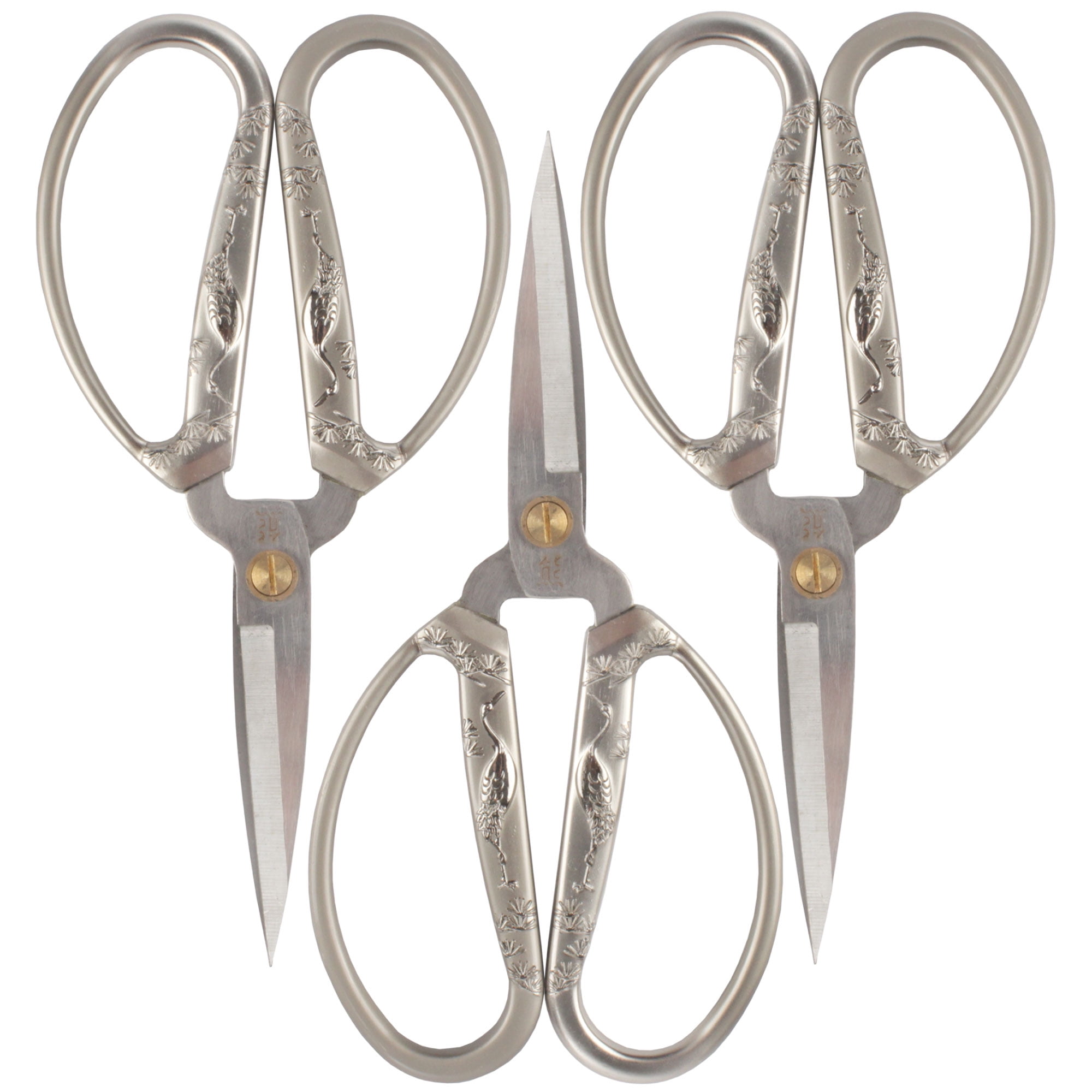 JubileeYarn Crane Motif Large Embroidery Craft Scissors - Brushed Nickel - 3 Pairs