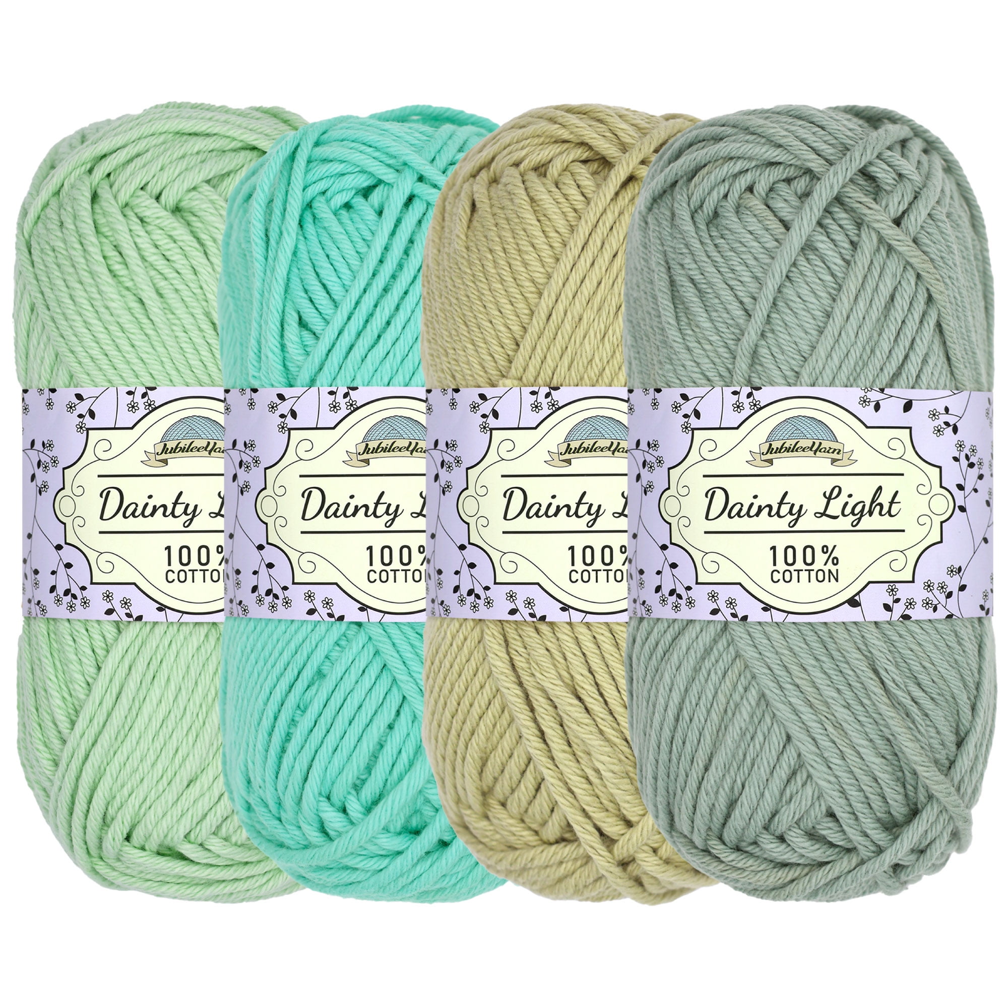 JubileeYarn Dainty Light Yarn - 100g/Skein Worsted Weight Cotton - Shades of Green - 4 Skeins