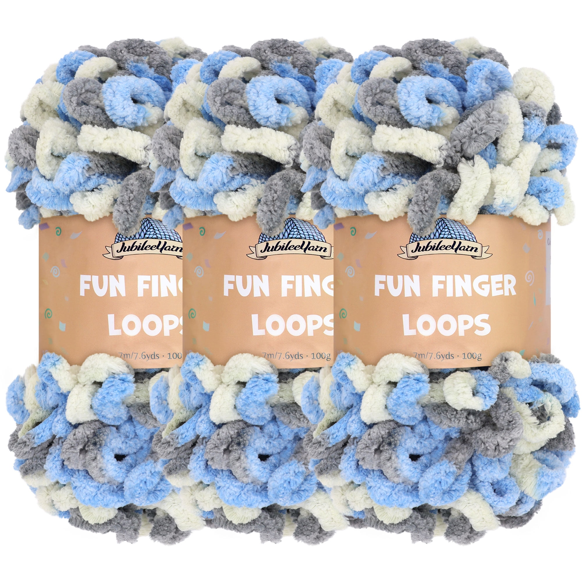 JubileeYarn Fun Finger Loops Yarn - Jumbo Polyester - Team Spirit Colors - 100g/Skein - Multicolor Grey Light Blue - 3 Skeins