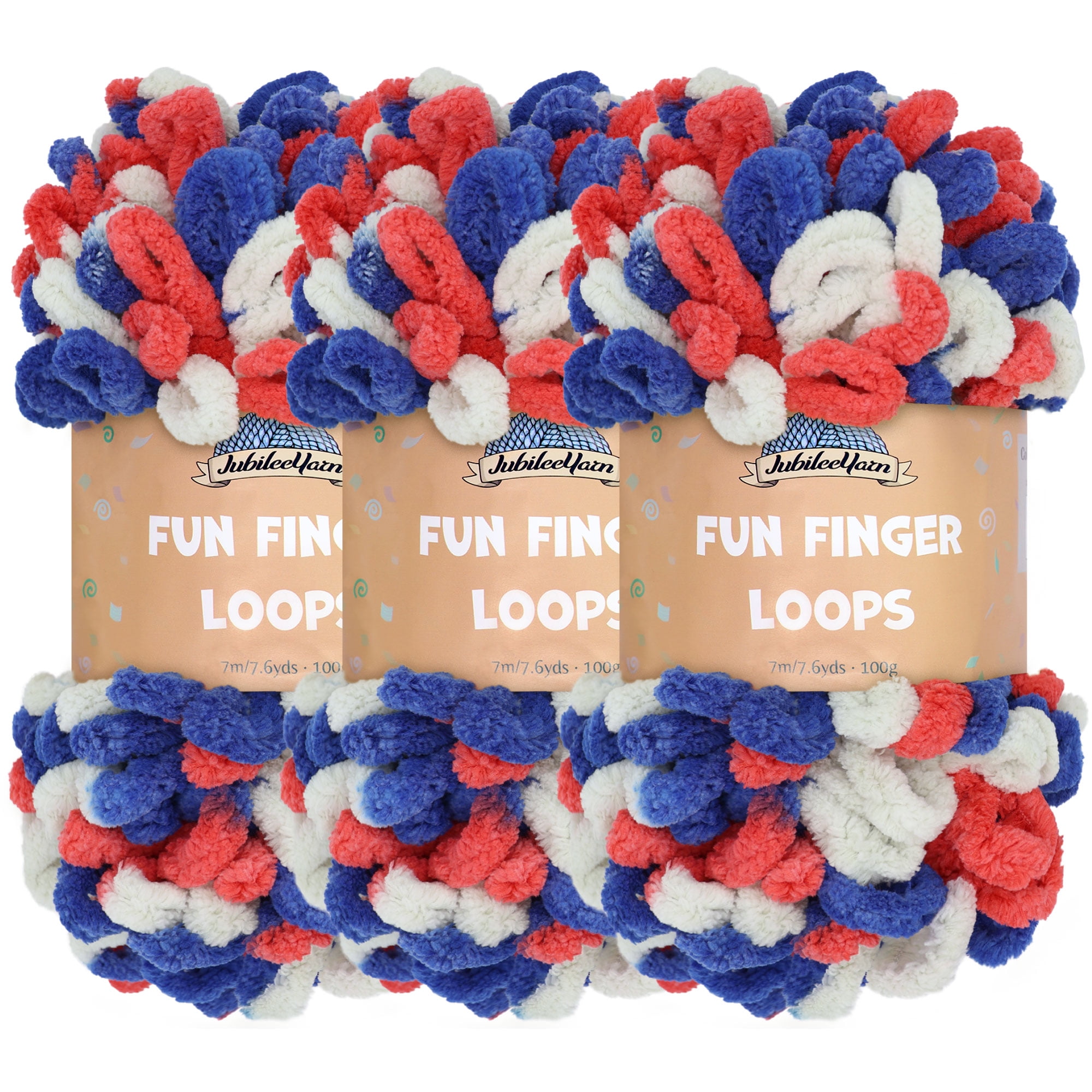 JubileeYarn Fun Finger Loops Yarn - Jumbo Polyester - Team Spirit Colors - 100g/Skein - Red White Blue - 3 Skeins
