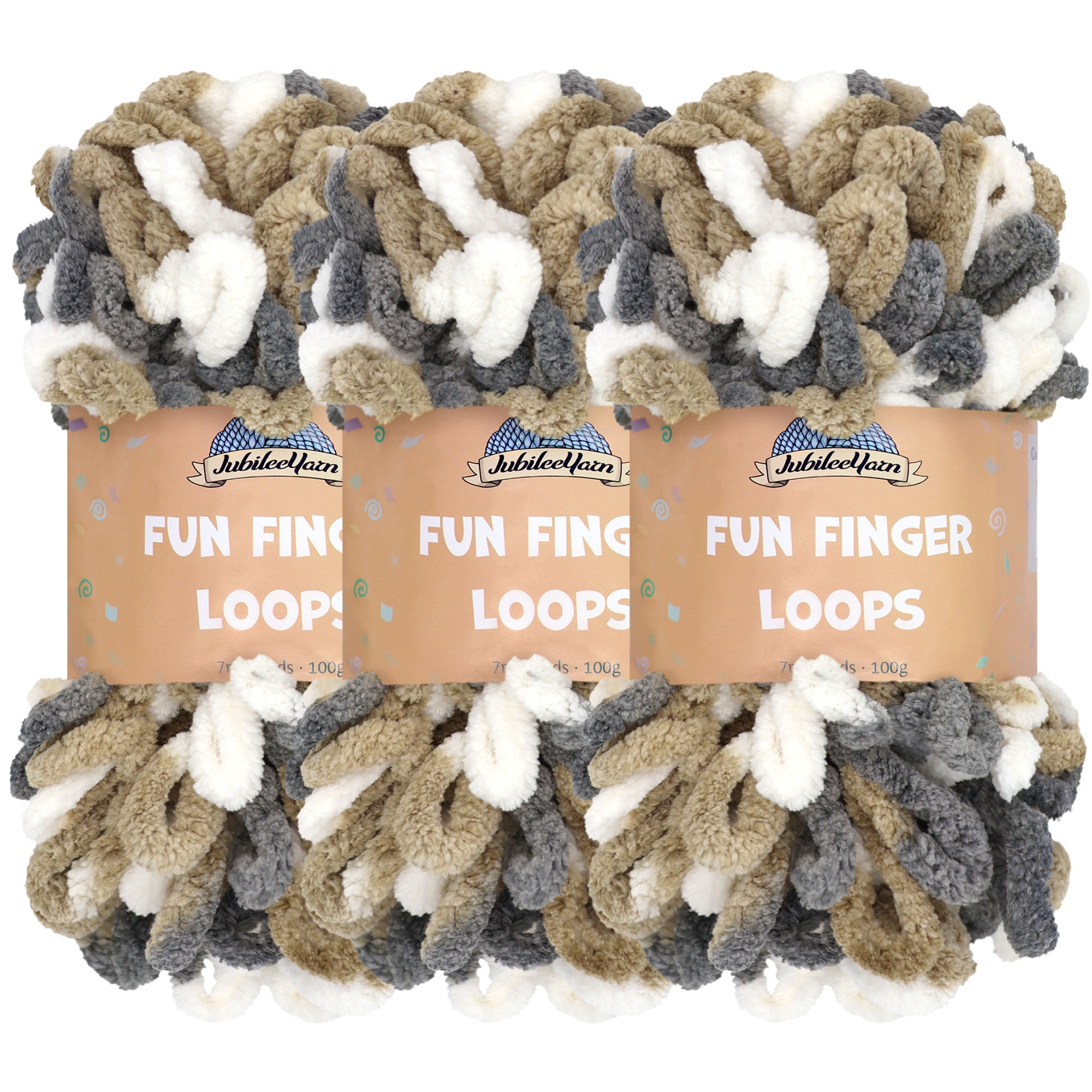 JubileeYarn Fun Finger Loops Yarn - 100g/Skein Jumbo Polyester - Brown Grey White - 3 Skeins