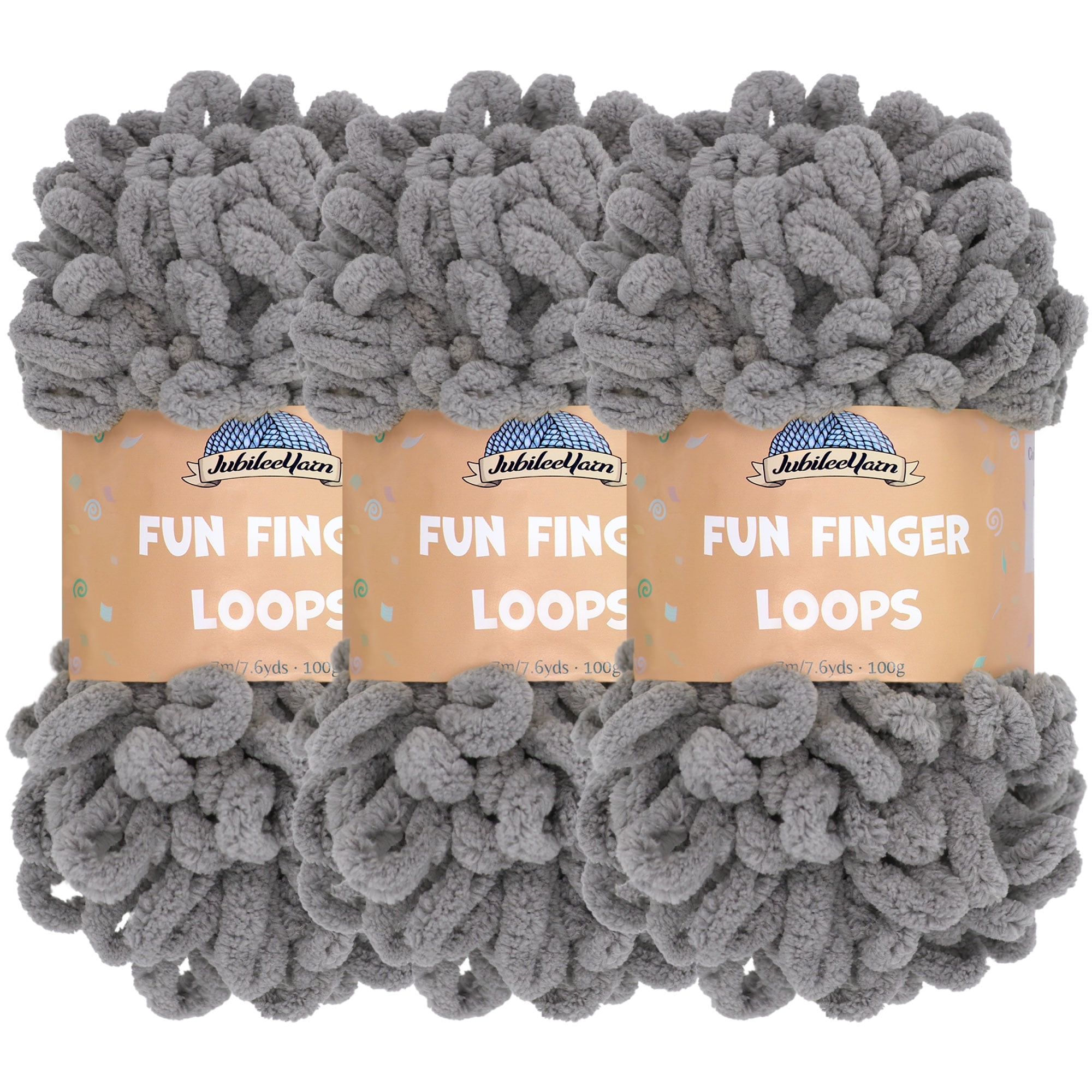 JubileeYarn Fun Finger Loops Yarn - 100g/Skein Jumbo Polyester - Grey - 3 Skeins