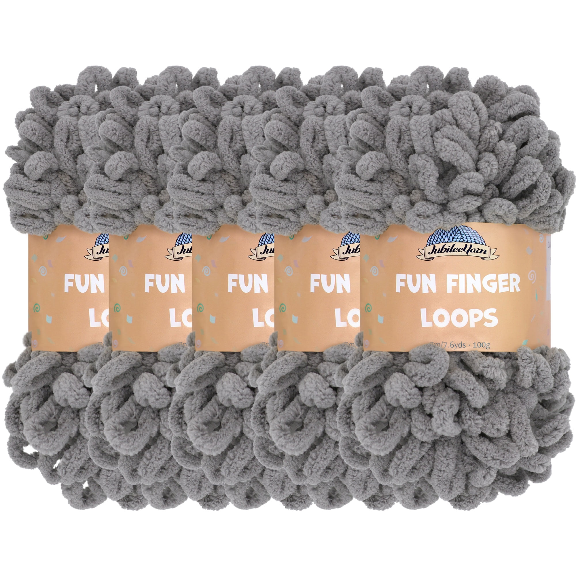 JubileeYarn Fun Finger Loops Yarn - 100g/Skein Jumbo Polyester - Grey - 5 Skeins