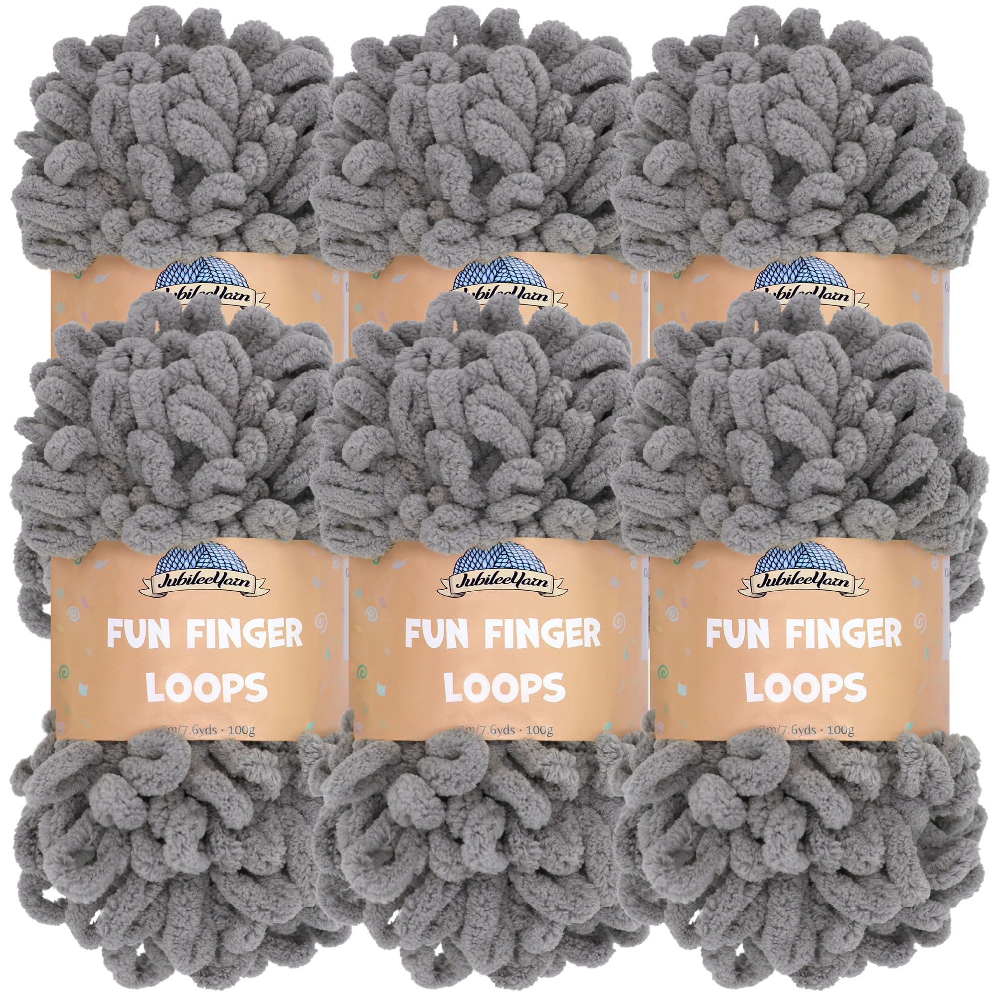 JubileeYarn Fun Finger Loops Yarn - 100g/Skein Jumbo Polyester - Grey - 6 Skeins