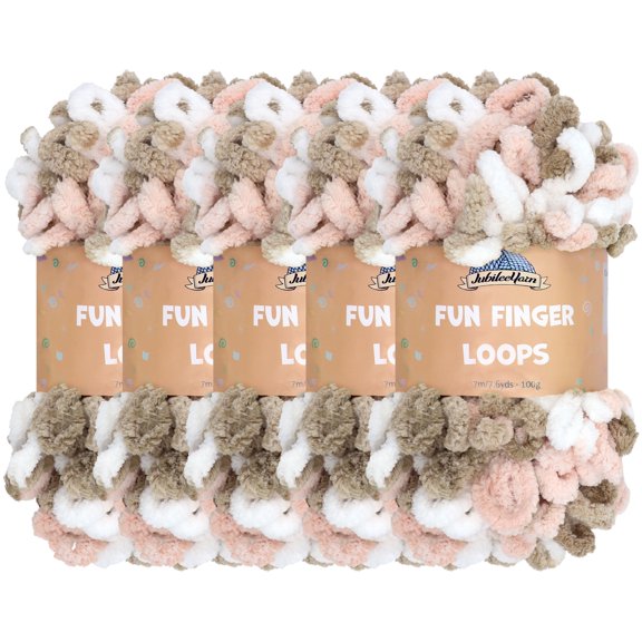 JubileeYarn Fun Finger Loops Yarn - 100g/Skein Jumbo Polyester - Pink Brown White - 5 Skeins