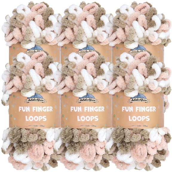 JubileeYarn Fun Finger Loops Yarn - 100g/Skein Jumbo Polyester - Pink Brown White - 6 Skeins