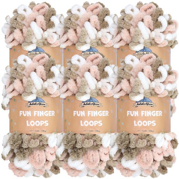JubileeYarn Fun Finger Loops Yarn - 100g/Skein Jumbo Polyester - Pink Brown White - 6 Skeins
