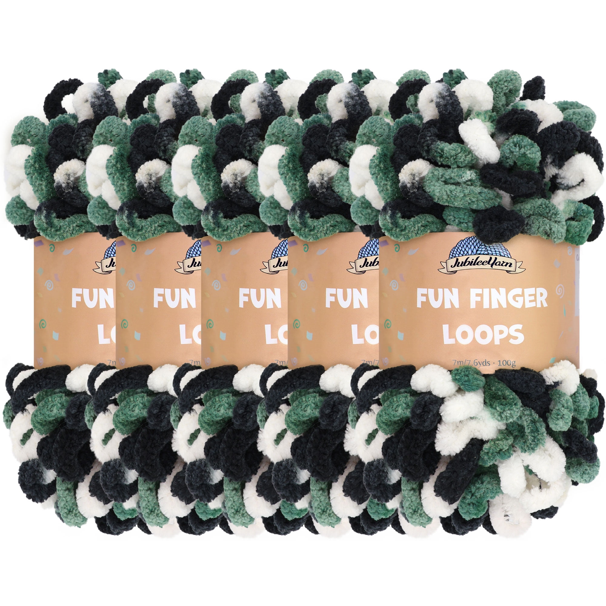 JubileeYarn Fun Finger Loops Yarn - 100g/Skein Jumbo Polyester - White Black Green - 5 Skeins