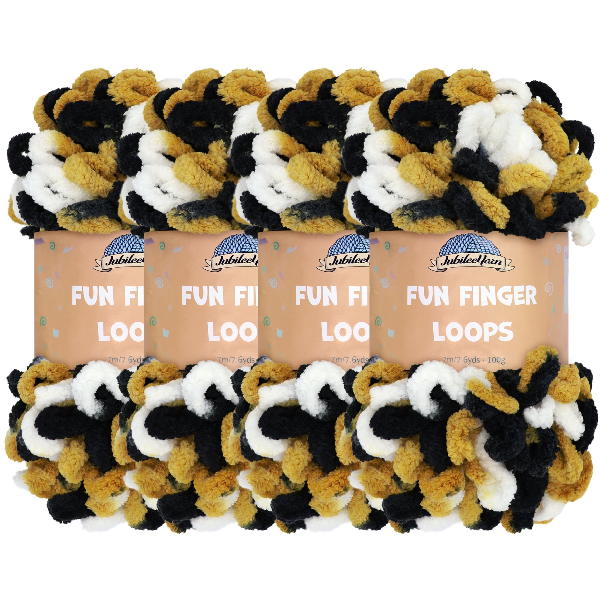 JubileeYarn Fun Finger Loops Yarn - Jumbo Polyester - Team Spirit Colors - 100g/Skein - Black Gold White - 4 Skeins