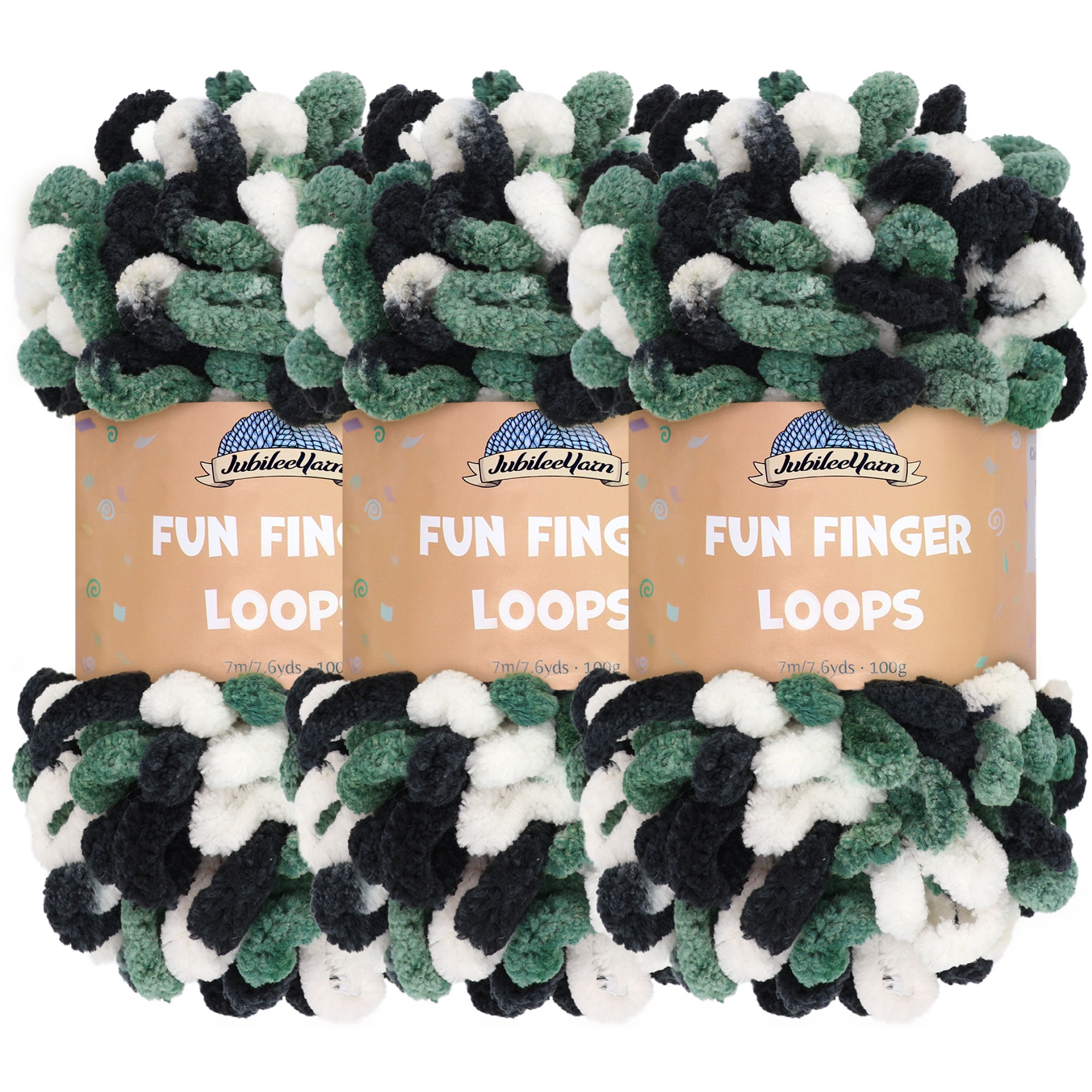 JubileeYarn Fun Finger Loops Yarn - Jumbo Polyester - Team Spirit Colors - 100g/Skein - White Black Green - 3 Skeins