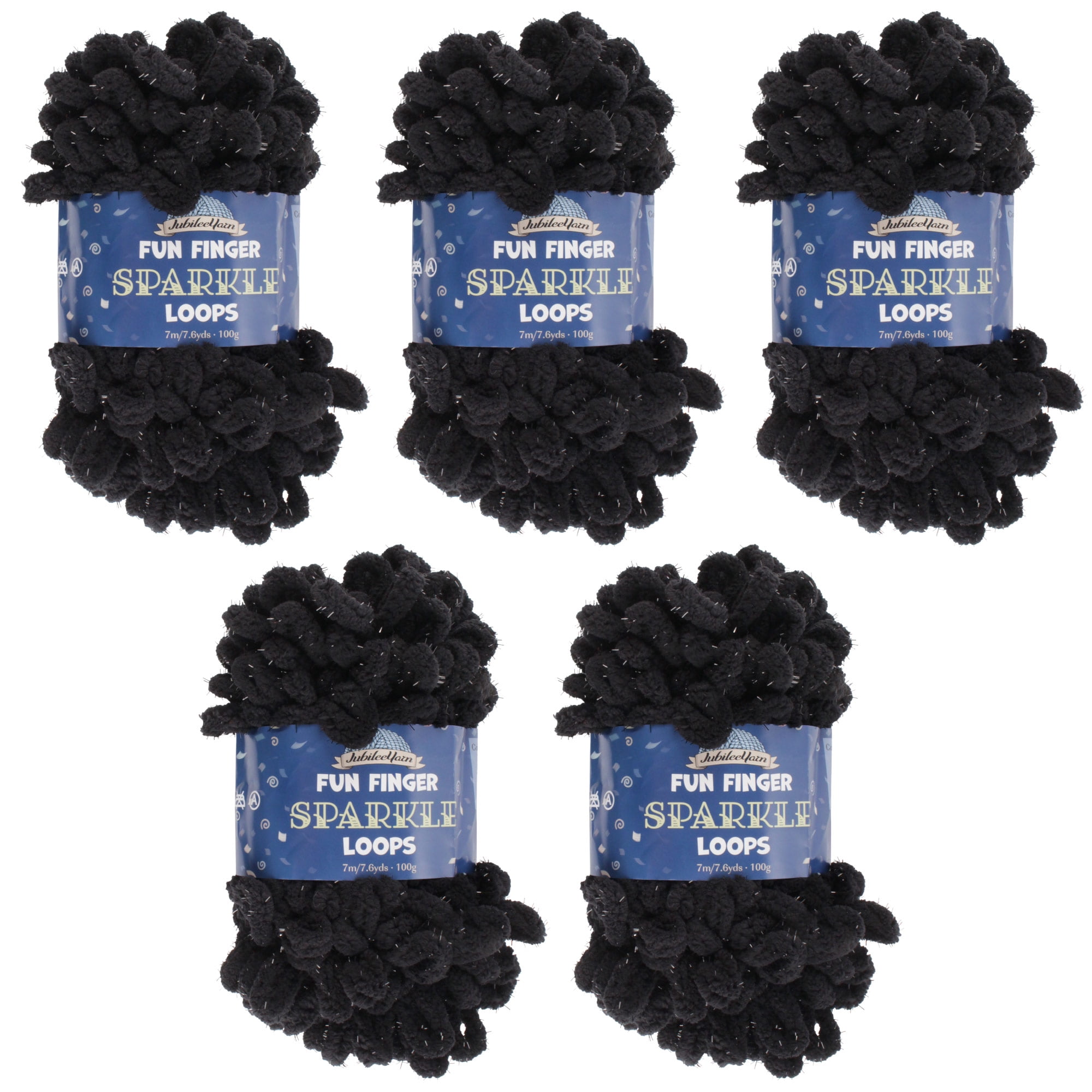 JubileeYarn Fun Finger Sparkle Loops Yarn - Polyester Jumbo Loop Yarn - 100g/Skein - Black - 5 Skeins