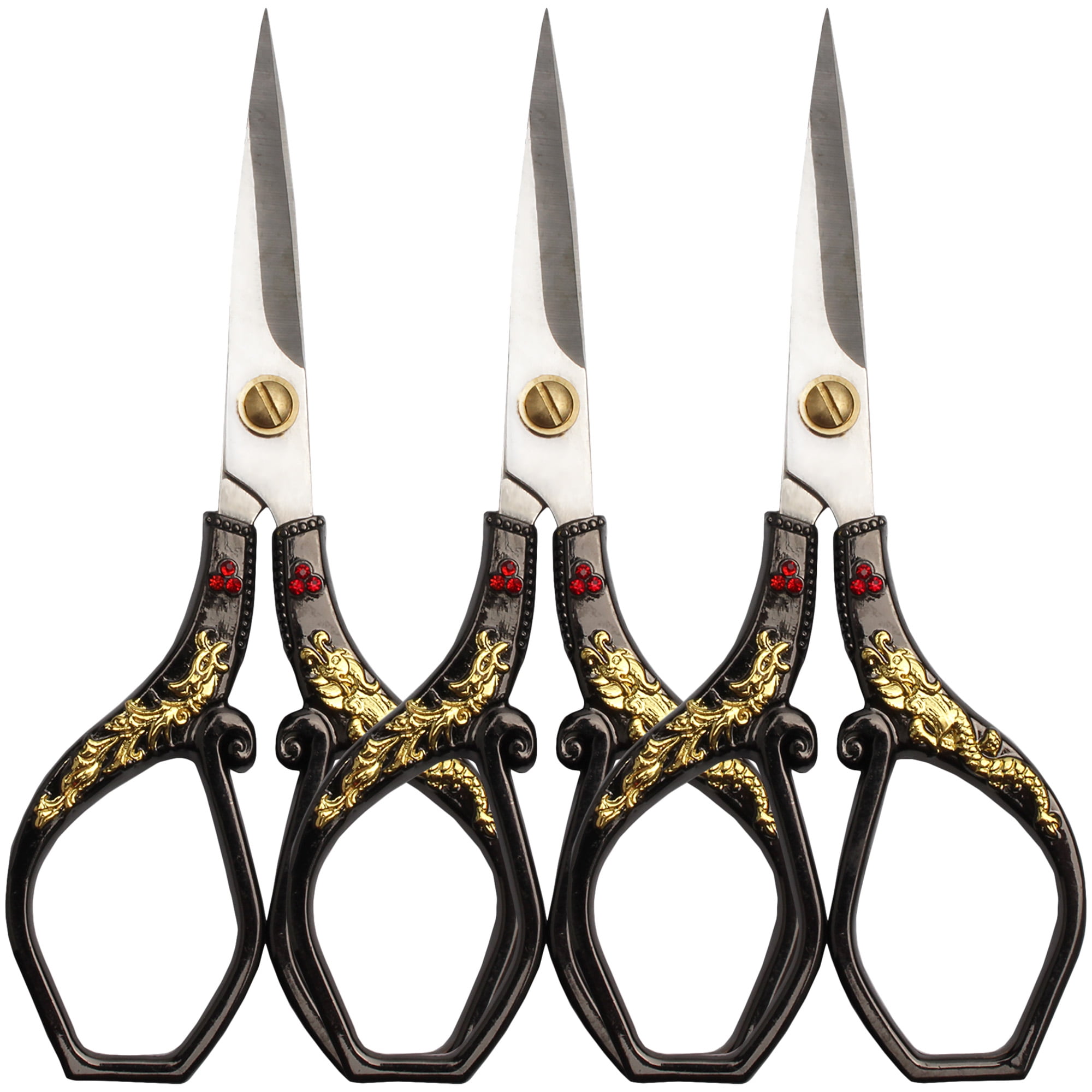 JubileeYarn Gold Dragon Relief w/Red Crystals Embroidery Craft Scissors - Black - 3 Pairs