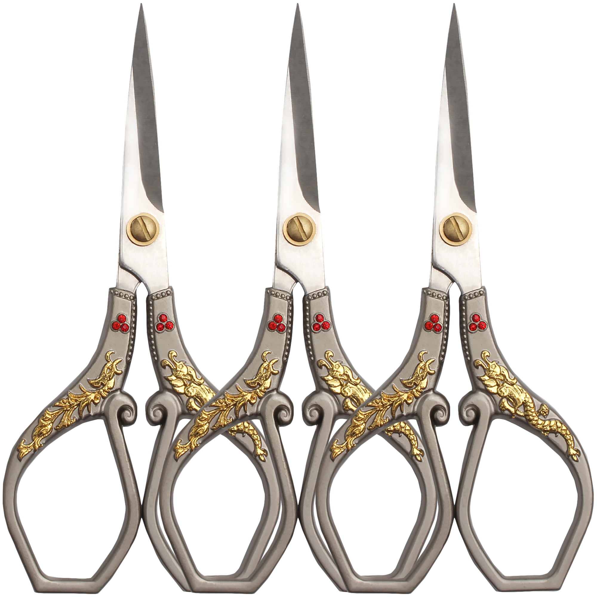 JubileeYarn Gold Dragon Relief w/Red Crystals Embroidery Craft Scissors - Silver - 3 Pairs