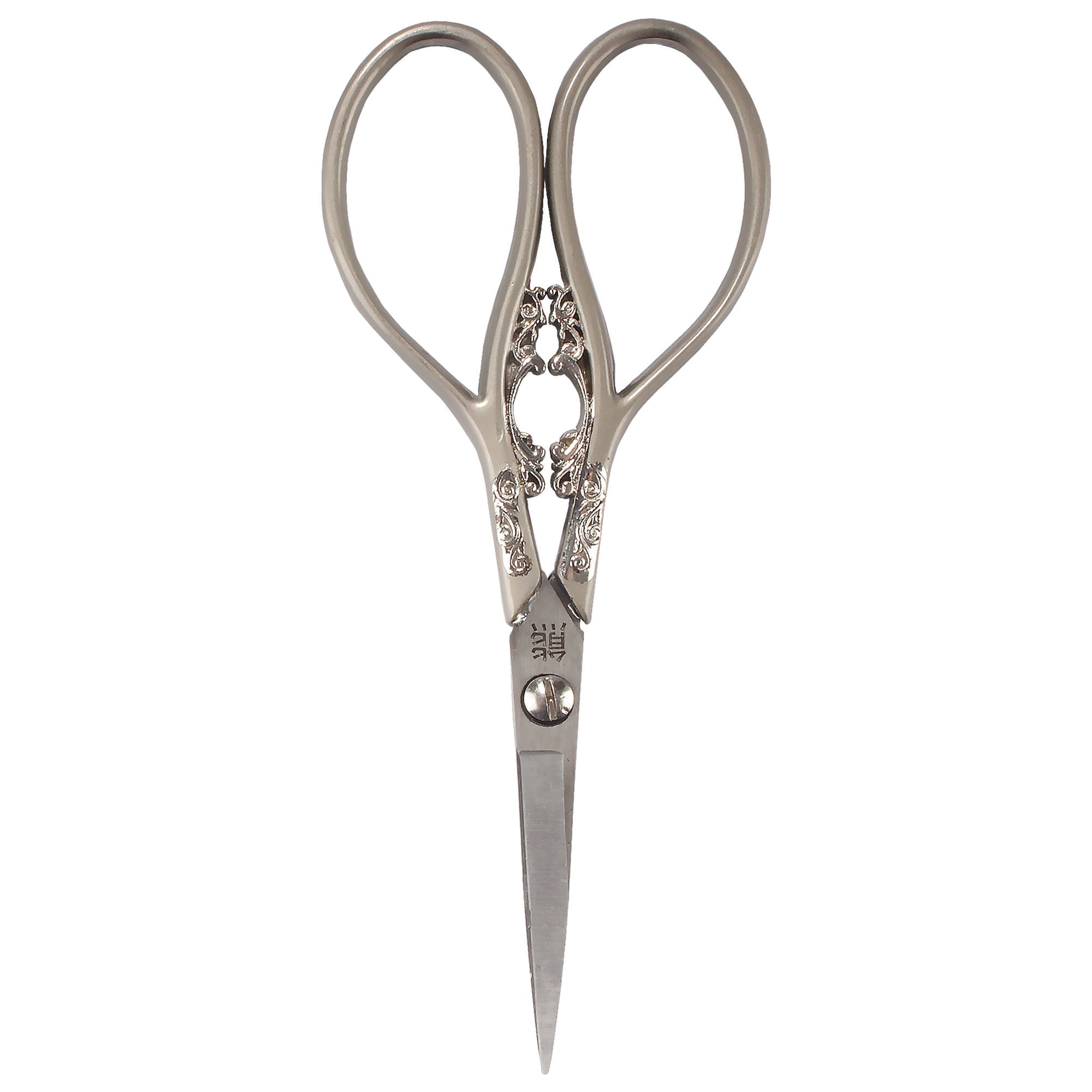 JubileeYarn Heirloom Craft Embroidery Scissors w/ Brushed Nickle Handles and Silver Classic Scrollwork Motif