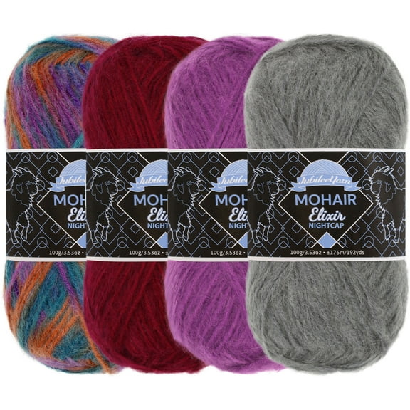 JubileeYarn Mohair Elixir Nightcap Yarn - Chunky Wool Blend - 100g/Skein - Shades of Purple - 4 Skeins