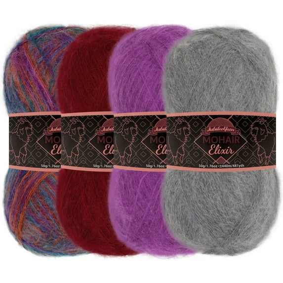 JubileeYarn Mohair Elixir Yarn - Baby Wool Blend - 50g/Skein - Shades of Purple - 4 Skeins