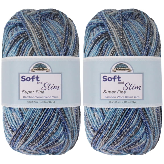 JubileeYarn Soft and Slim Yarn - 50g/Skein Bamboo Rayon Wool Blend - Blueberry Splash - 2 Skeins
