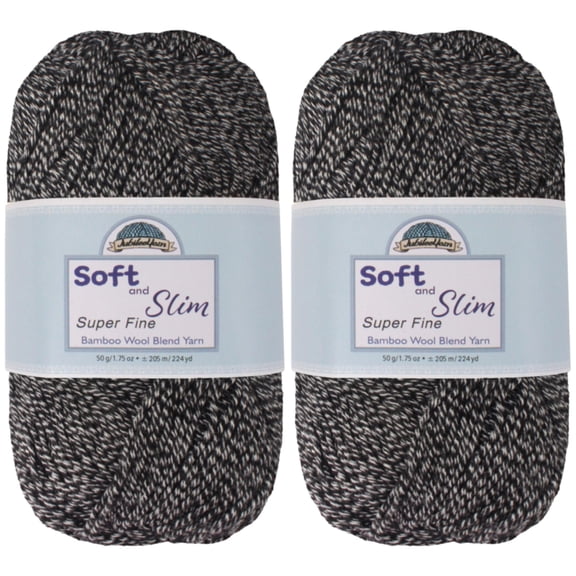 JubileeYarn Soft and Slim Yarn - 50g/Skein Bamboo Rayon Wool Blend - Heather Black - 2 Skeins