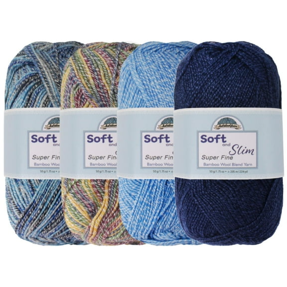 JubileeYarn Soft and Slim Yarn - 50g/Skein Bamboo Rayon Wool Blend - Shades of Blue - 4 Skeins