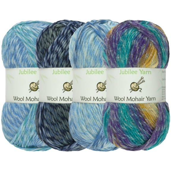 JubileeYarn Wool Mohair Yarn - Ombré Worsted - 100g/Skein - Shades of Blue - 4 Skeins