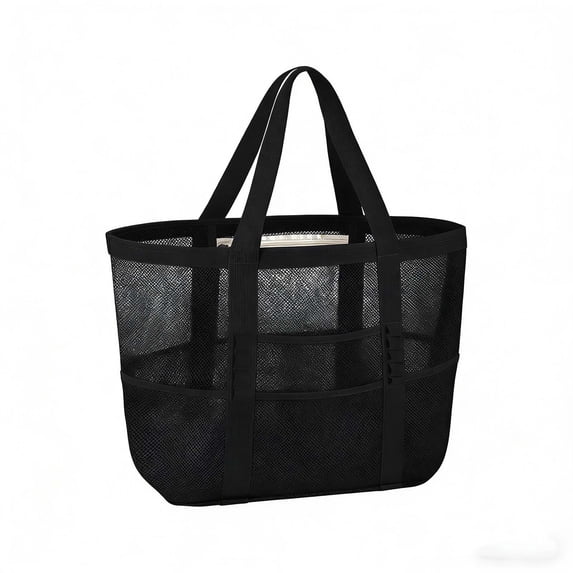 Jubipavy 16.92"×15.35"×6.29" Large Capacity Mesh Beach Tote Bag, Polyester Storage Tote with Multiple Pockets for Beach Gear