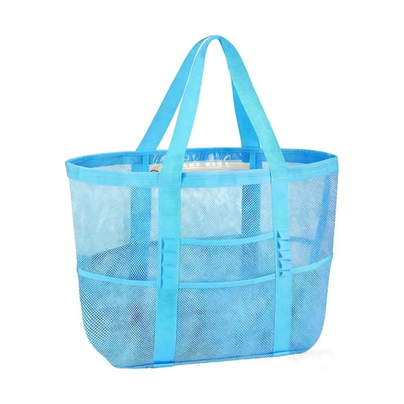 Jubipavy 16.92"×15.35"×6.29" Large Capacity Mesh Beach Tote Bag, Polyester Storage Tote with Multiple Pockets for Beach Gear