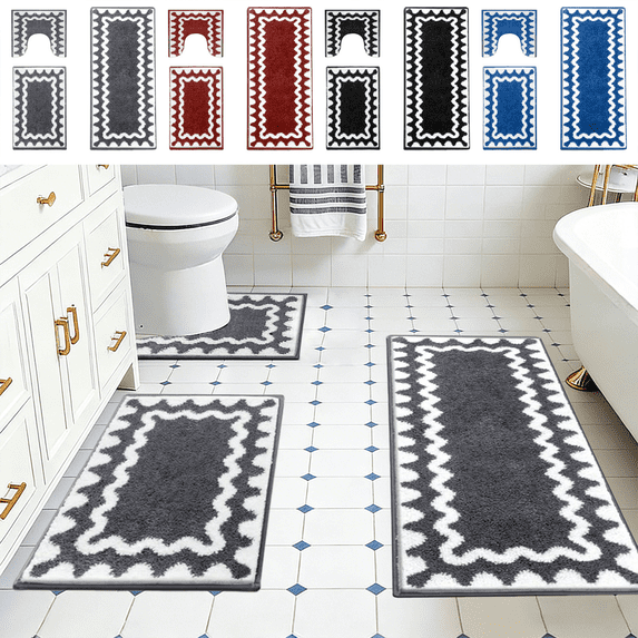 Jublupo 3 Piece Bathroom Rugs Sets Soft Comfortable Plush Shaggy Absorbent Bath Mat Set,24"x16"+48"x16"+U Shape 18"x20",Non Slip Bath Mat Set
